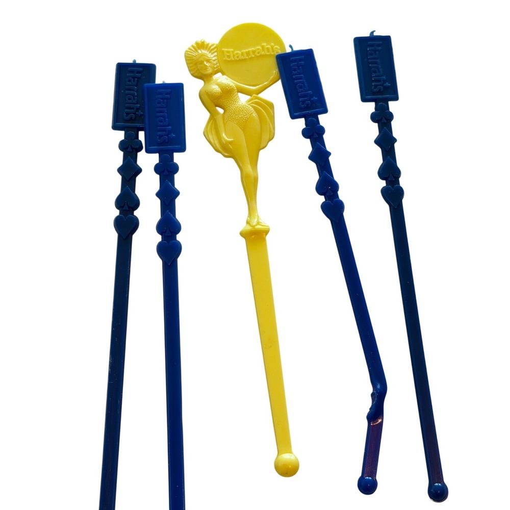 Vintage Harrahs Casino Swizzle Sticks Lot 5 Showgirl Card Suits Blue Yellow